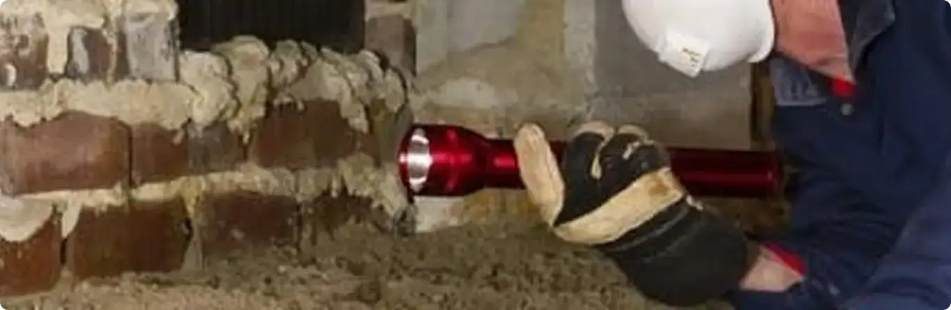 Pest control technician inspecting a crawl space for ant activity in Leawood, KS