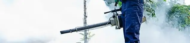 Pest control technician fogging an outdoor area for insect control in Kansas City, KS